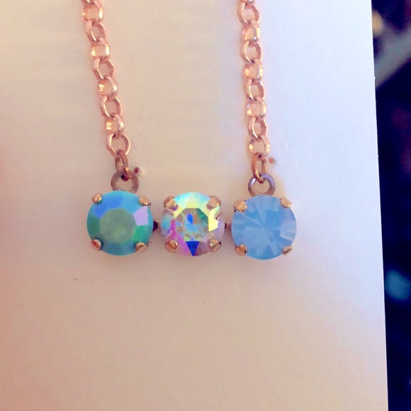 Iridescent Turquoise, Light Sapphire Opal +AB Crystal Bar Necklace - Picture 5 of 11
